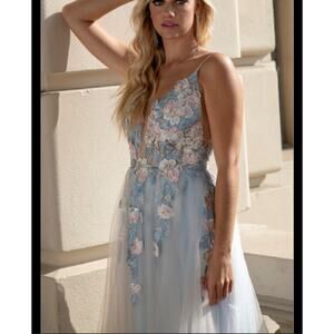 3D Floral Blue Pink Embroidered Maxi Tulle Gown Dress Prom M